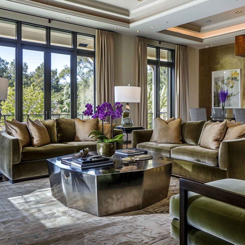 Metal accents and wood tones create a perfect balance of modernity and warmth in this family room