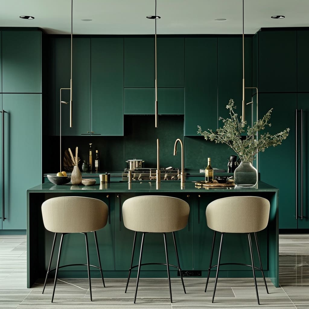Metallic frames add a touch of elegance to the minimalist decor of this kitchen