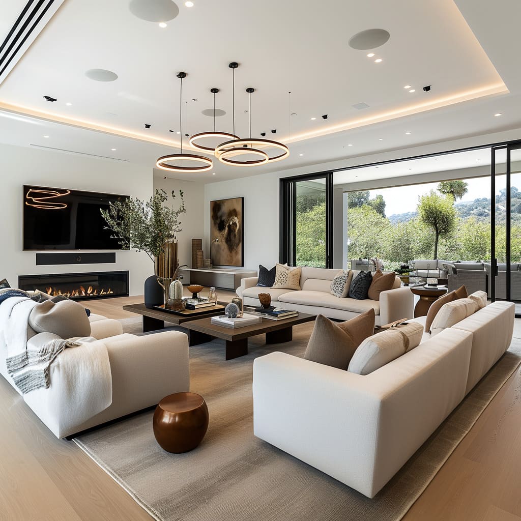 Mirrored and reflective finishes enhance the sense of space and light in the living room