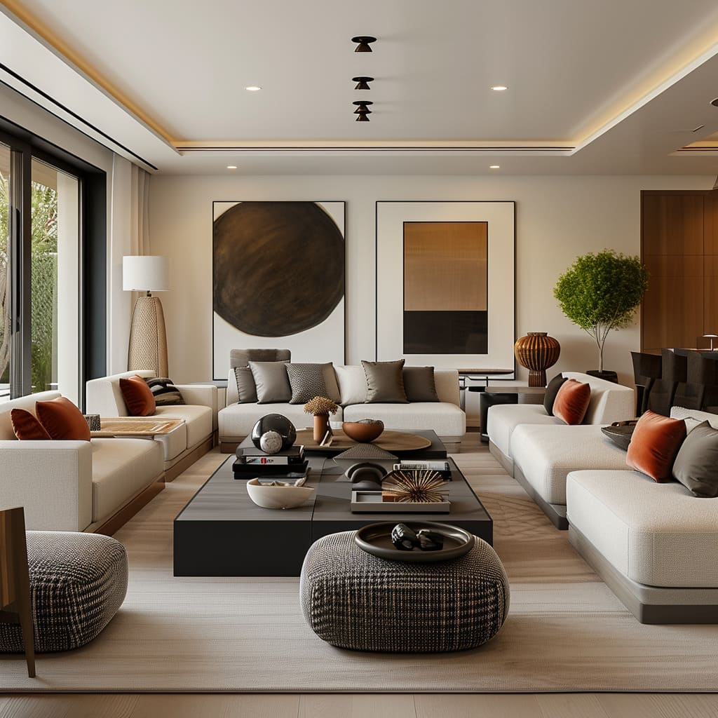 Mixed finishes create an eclectic and visually interesting combination of furniture pieces in the living room