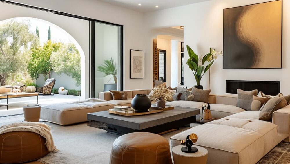 Modern living spaces are enhanced by functional furniture and textural elements in the living room.