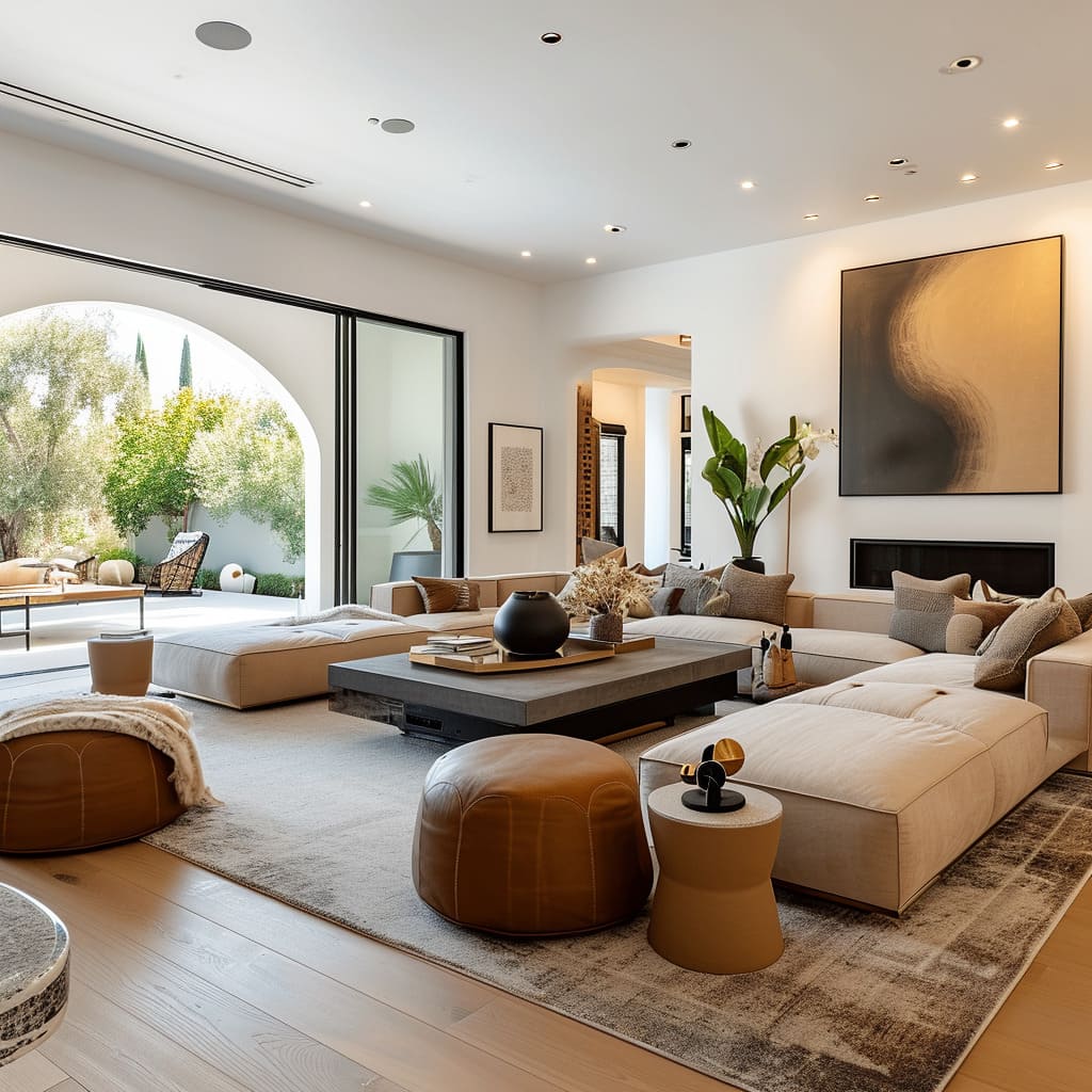 Modern living spaces are enhanced by functional furniture and textural elements in the living room