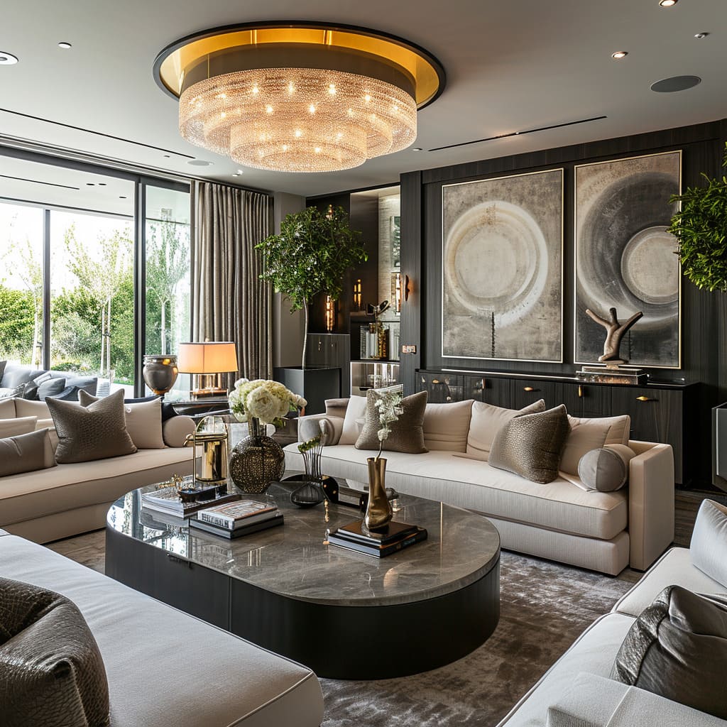 Modern luxury embodied through clean lines and high-end finishes in a spacious living room