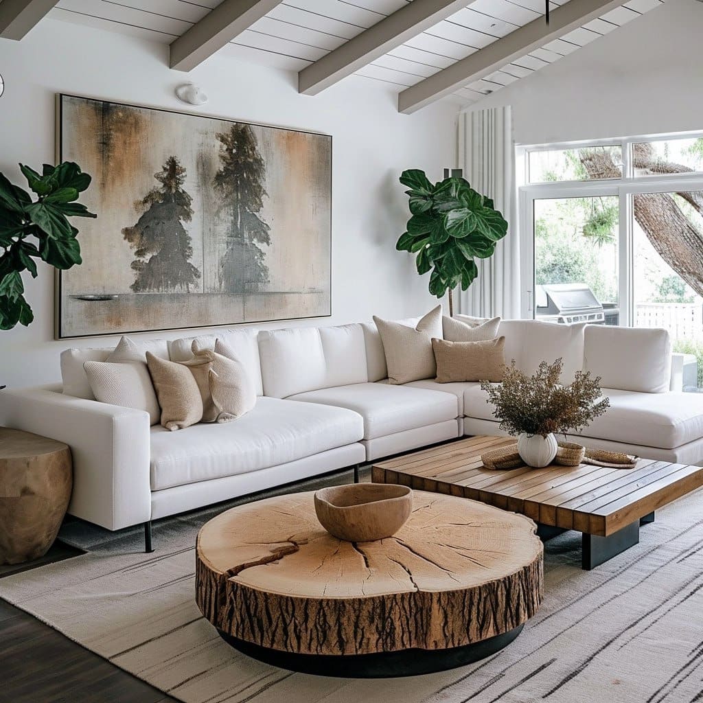 Modern rustic elements add warmth and character to the living room's interior, creating a sense of home harmony