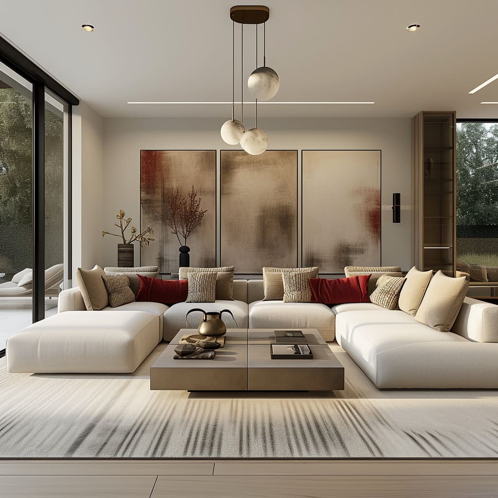 Neutral tones and functional elegance define the room, adhering to design principles for a harmonious and seamless look