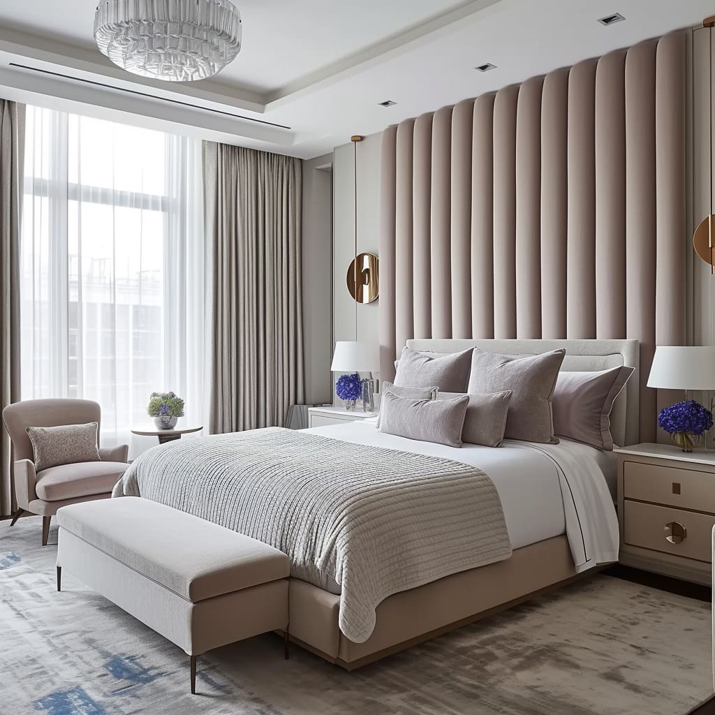 Openness and comfort create an urban glamour master bedroom for relaxation