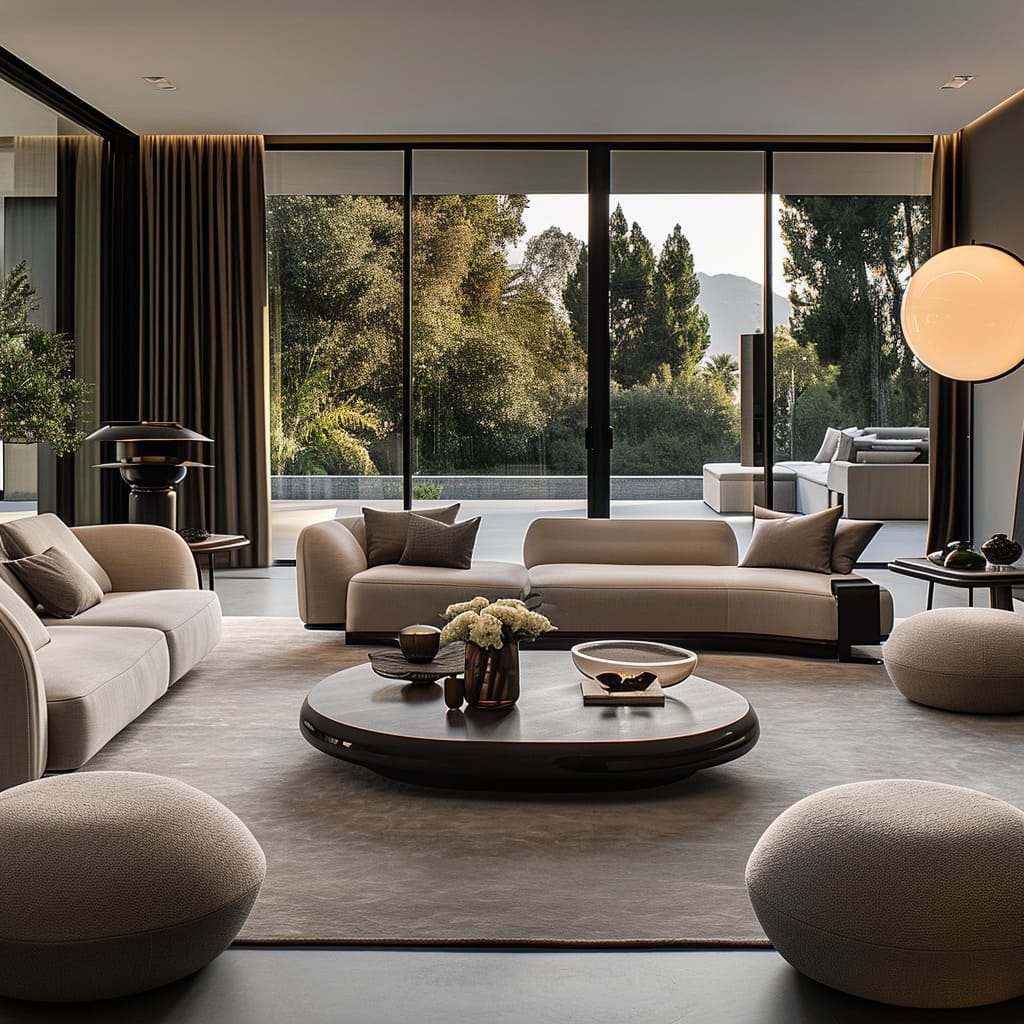 Opulent interiors in a minimalist style, focusing on high-quality materials and clean lines