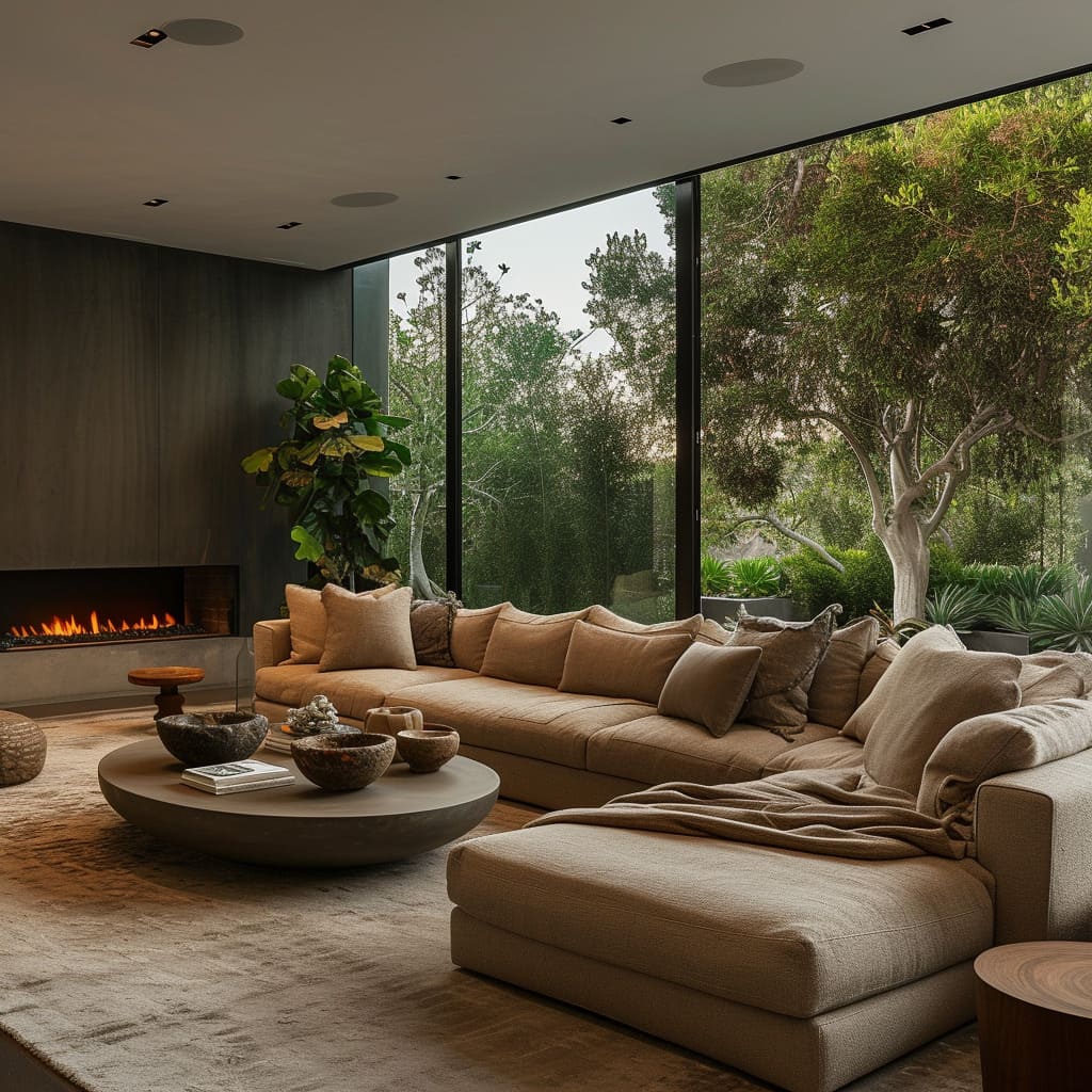 Organic elements and aesthetic balance define the contemporary living room's atmosphere