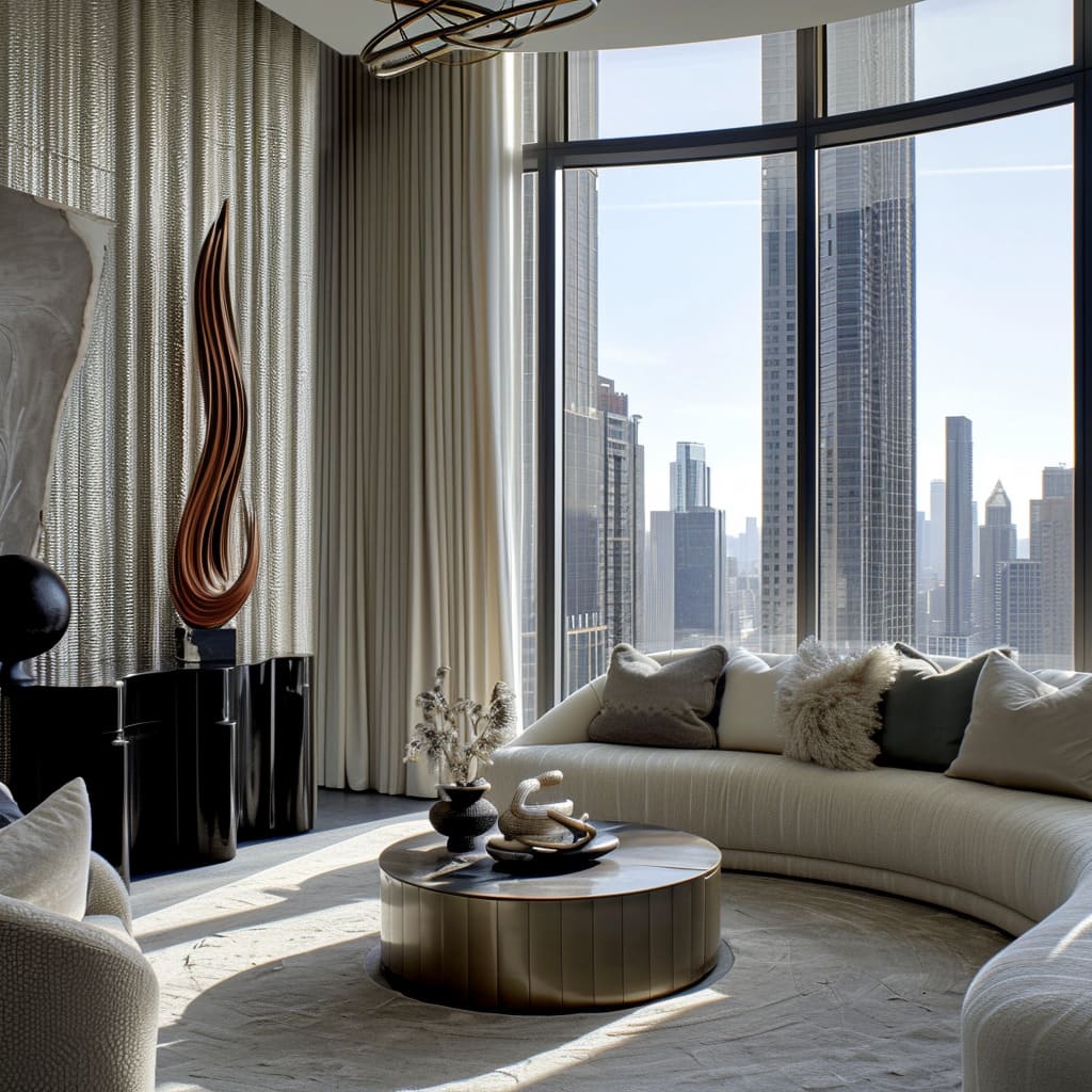 Panoramic views of the cityscape become a stunning backdrop for the interior