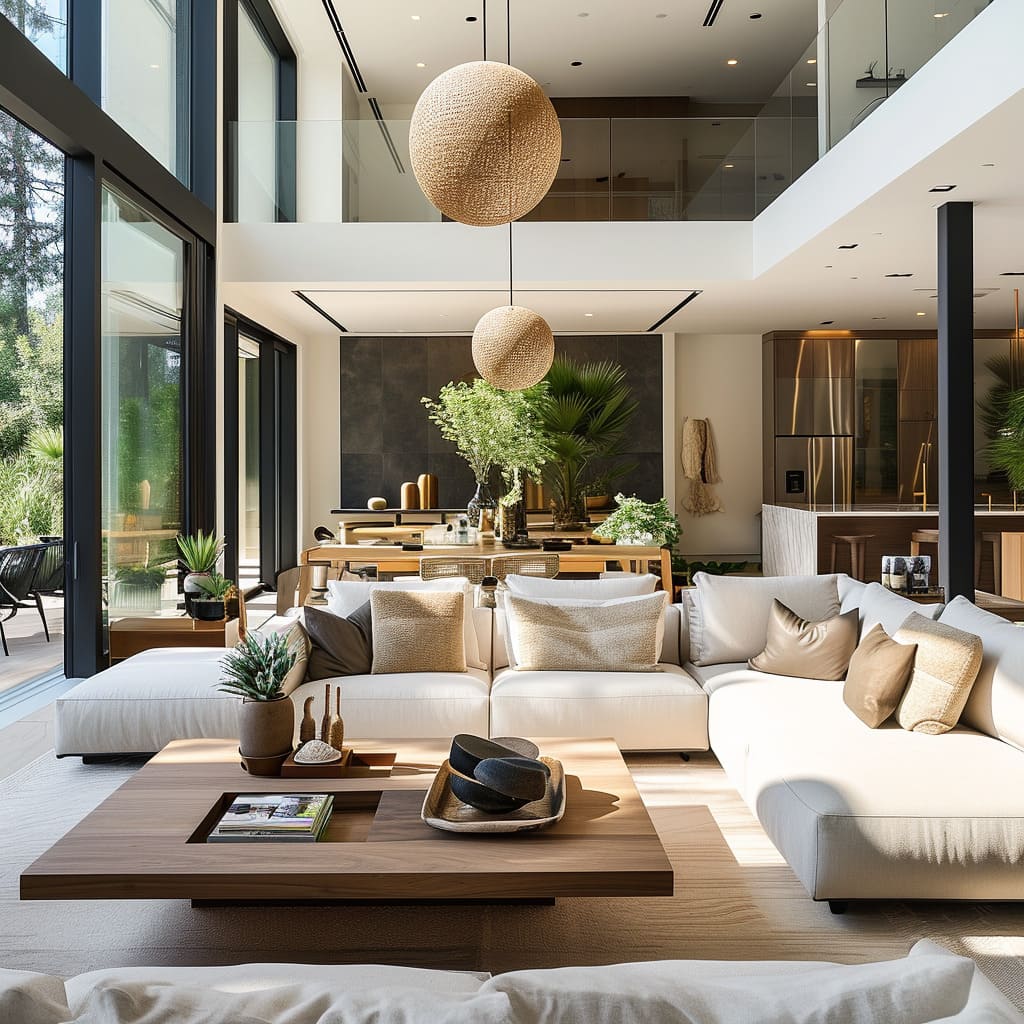 Plush furniture adds comfort and contrast to this modern living room's aesthetic