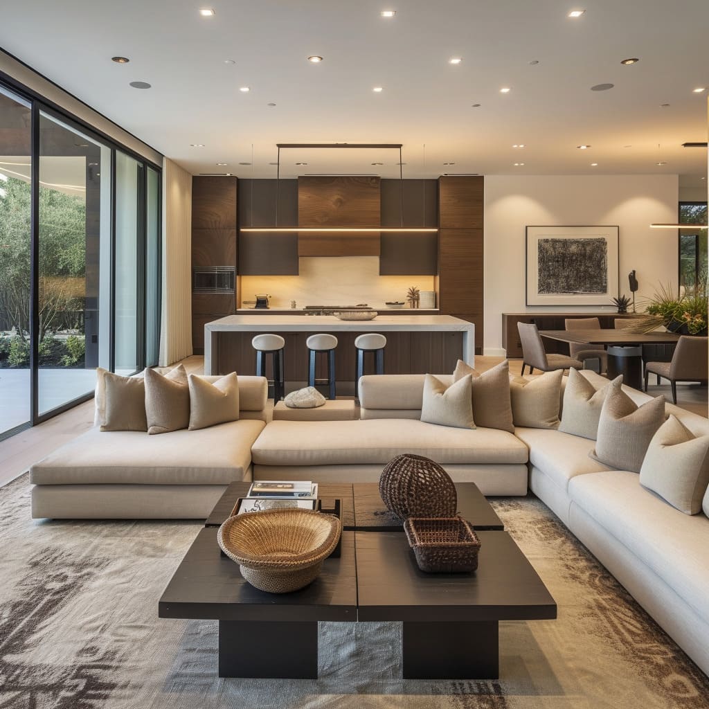 Refined decor elements enhance the neutral interior design, achieving a luxe living space