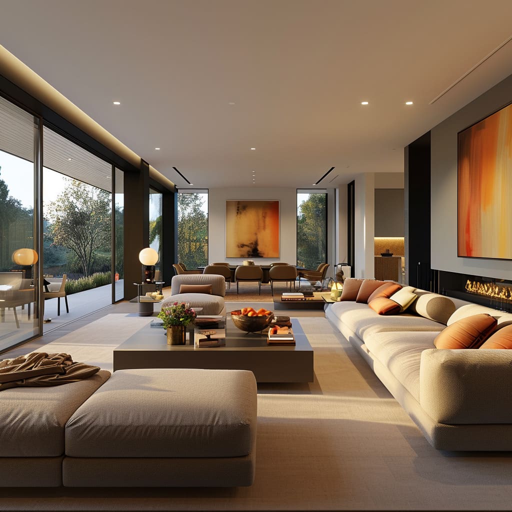 Reflective surfaces and monochromatic themes add a sense of contemporary comfort to this spacious living room