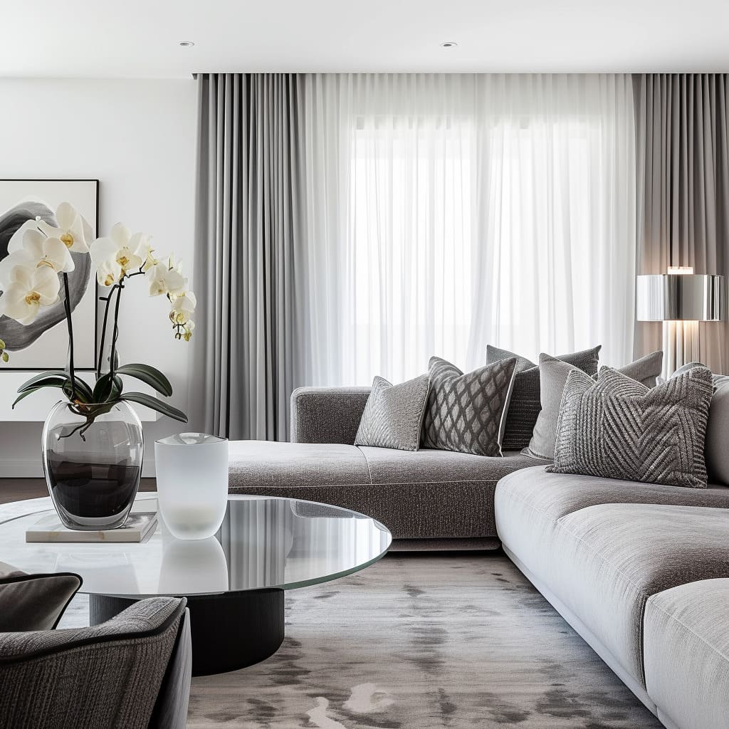 Soft fabrics, marble coffee tables, and woven throws bring understated luxury to this modern living space