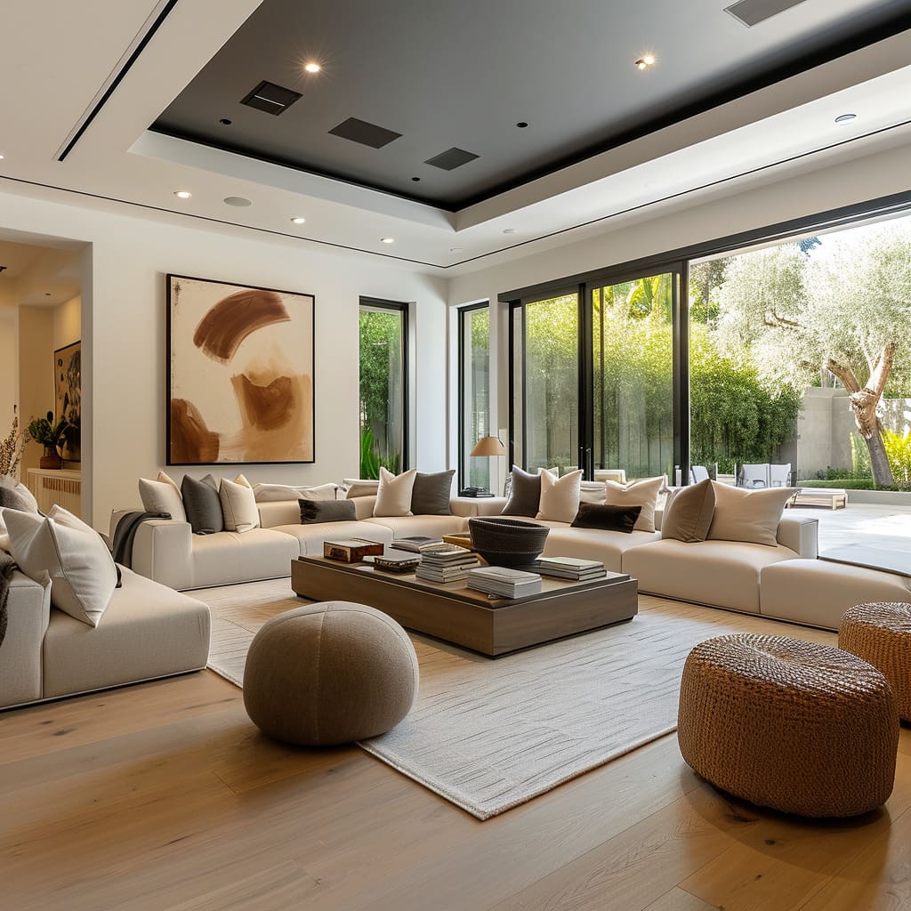Spatial dynamics are well-thought-out, and ergonomic designs ensure comfort in this contemporary family room