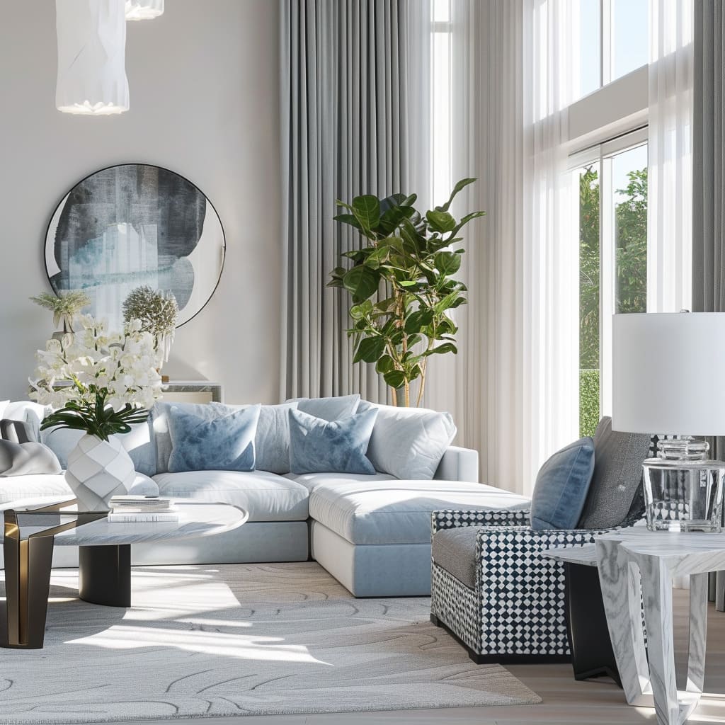 Stylish living room with calming greys and beiges, thoughtfully added accent colors through decor