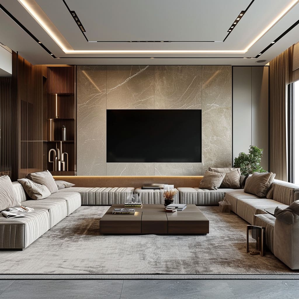 Such a living room embraces both decorative appeal and acoustic optimization, creating an ideal space for home entertainment with friends and family