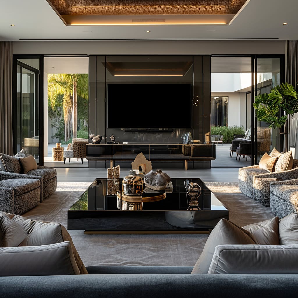 Such living room reflects the latest decor trends with its sophisticated furniture arrangements and TV wall unit