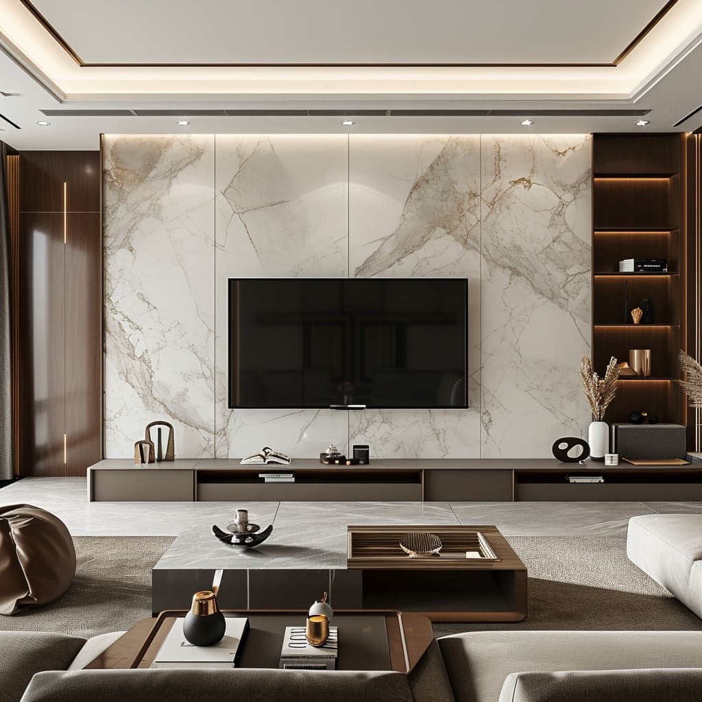 Such natural stone elements like marble and porcelain tiles add an opulent touch