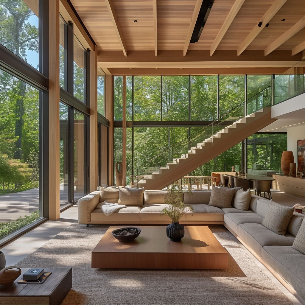 Such organic finishes and natural wood tables bring a sense of nature to the living room