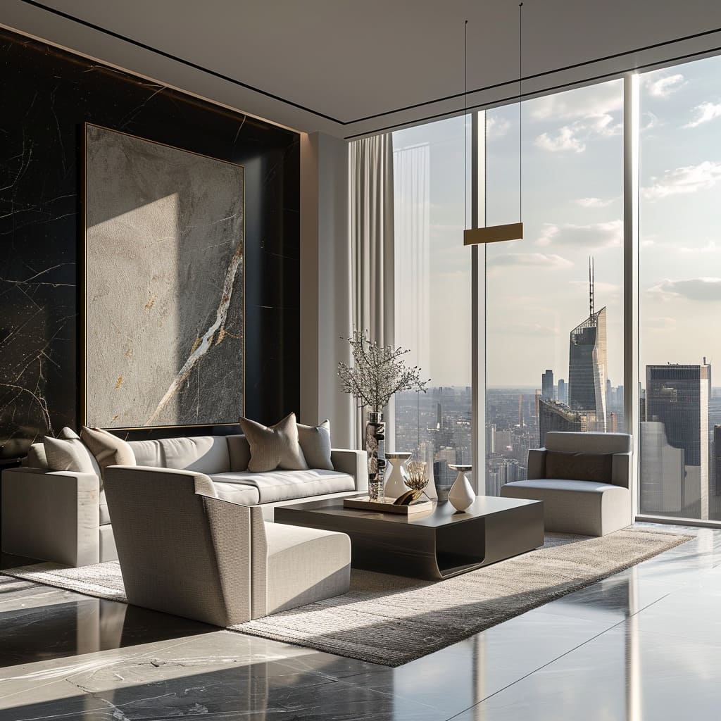 Sunlit spaces, with the integration of organic elements and cityscape views, maintain color harmony