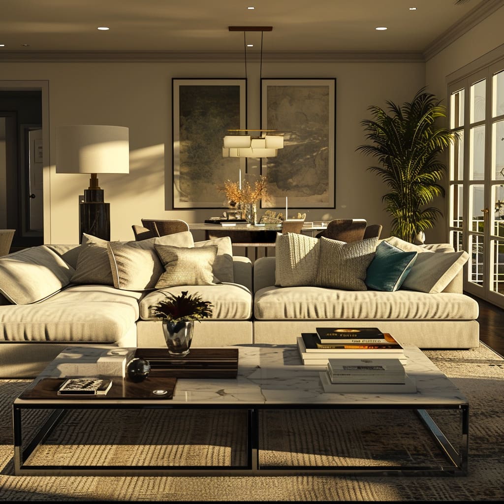 Symmetrical balance in the design of this contemporary living room ensures a harmonious and comfortable environment