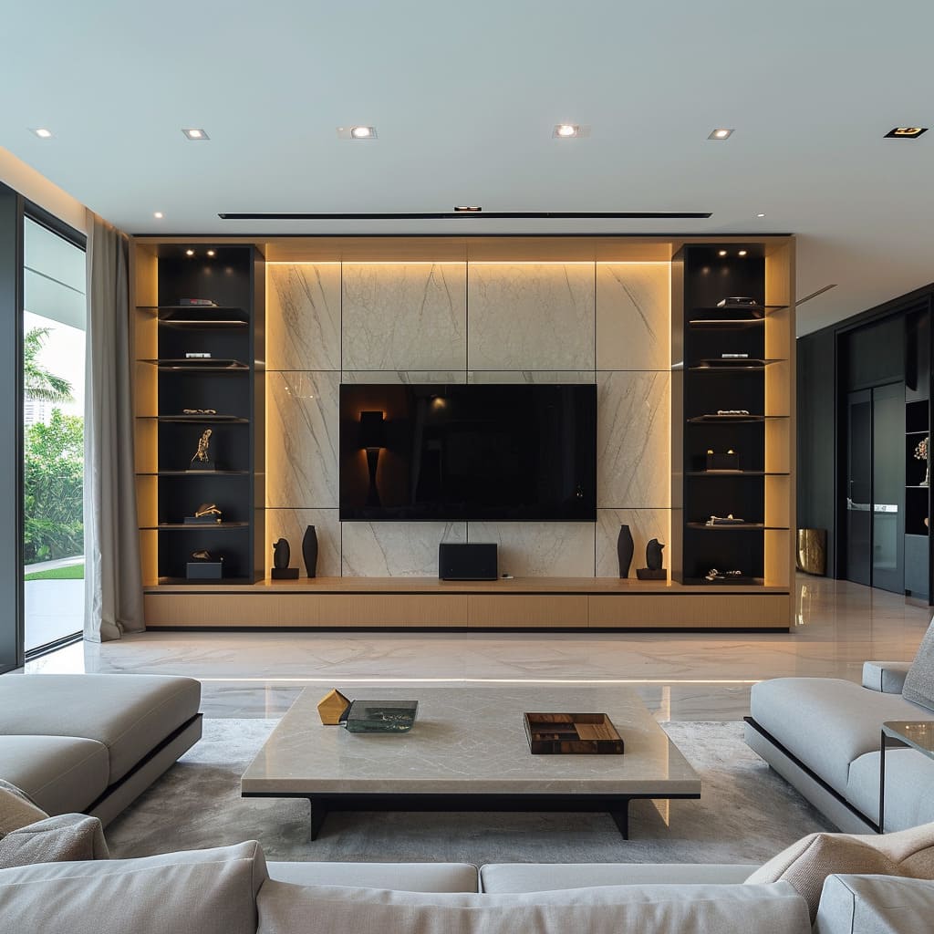 The TV wall unit's brass accents and gold finishes add an elegant touch to the room