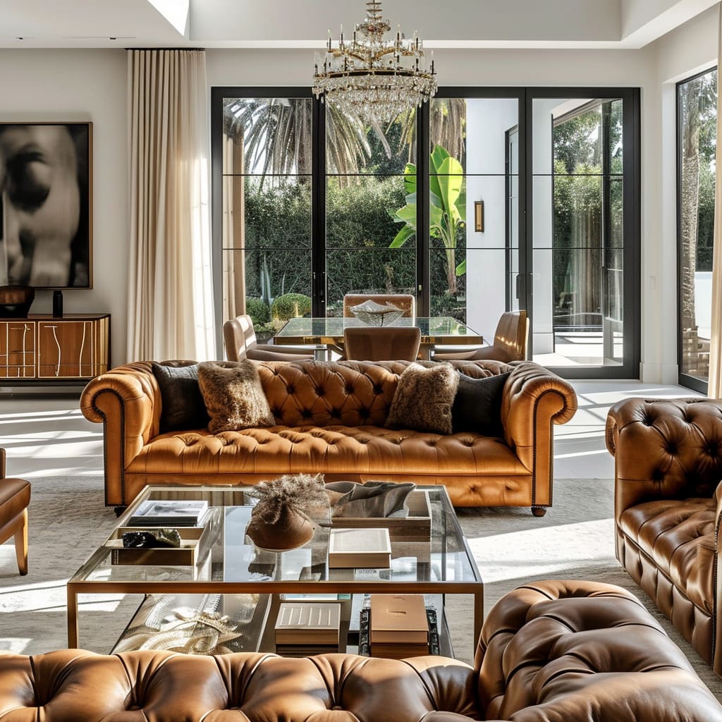 The Time-honored divan's rich brown upholstery and velvet finish add a touch of luxury to the great room's design