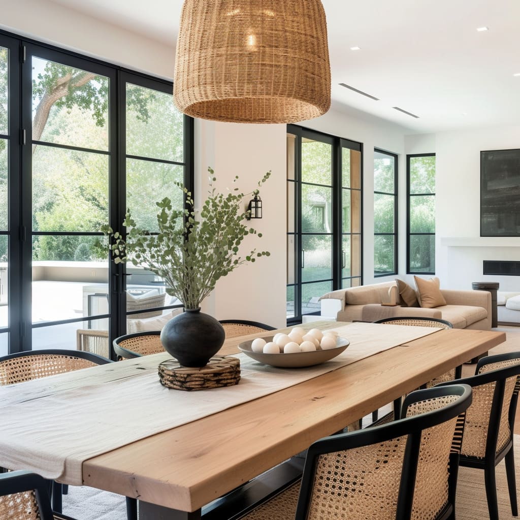 The combination of contemporary stools and wooden dining table adds a unique twist to the farmhouse aesthetic