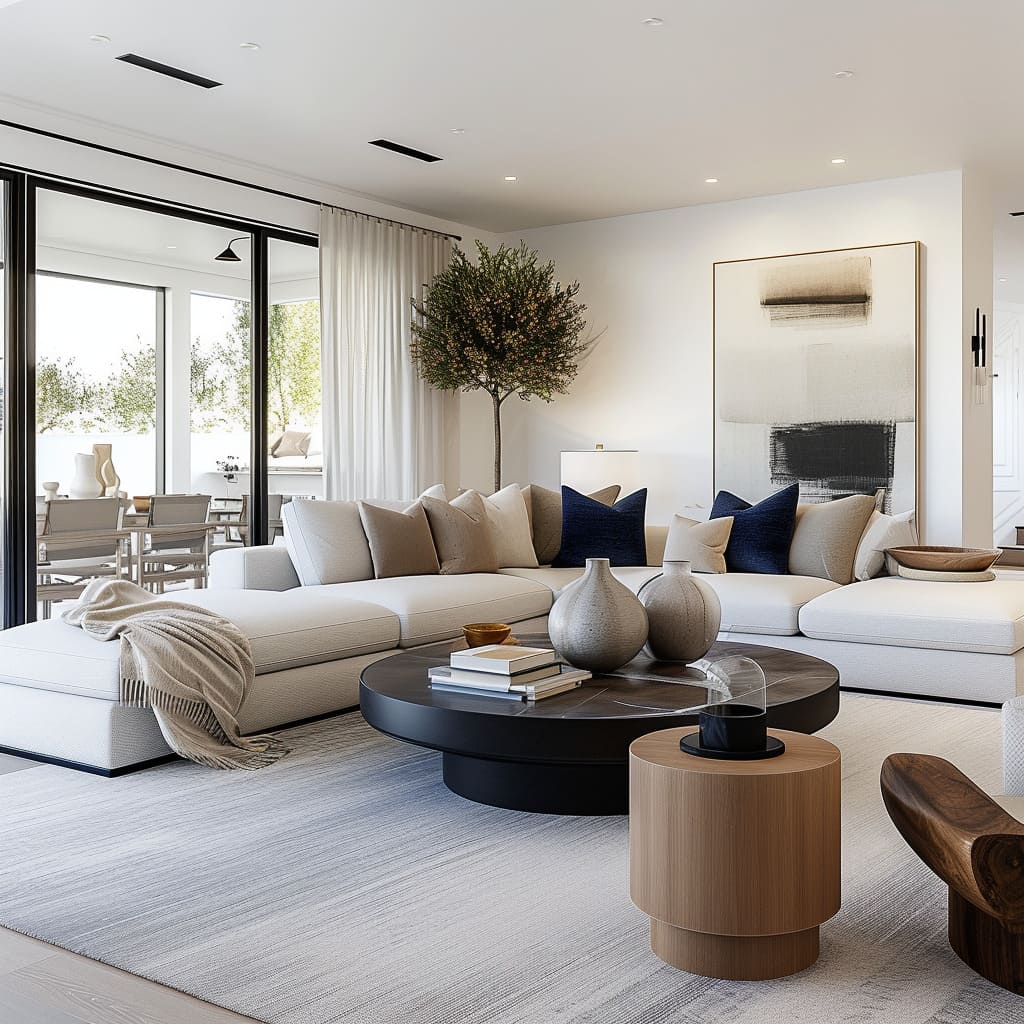 The comfortable living room features a sophisticated backdrop and uncluttered environment