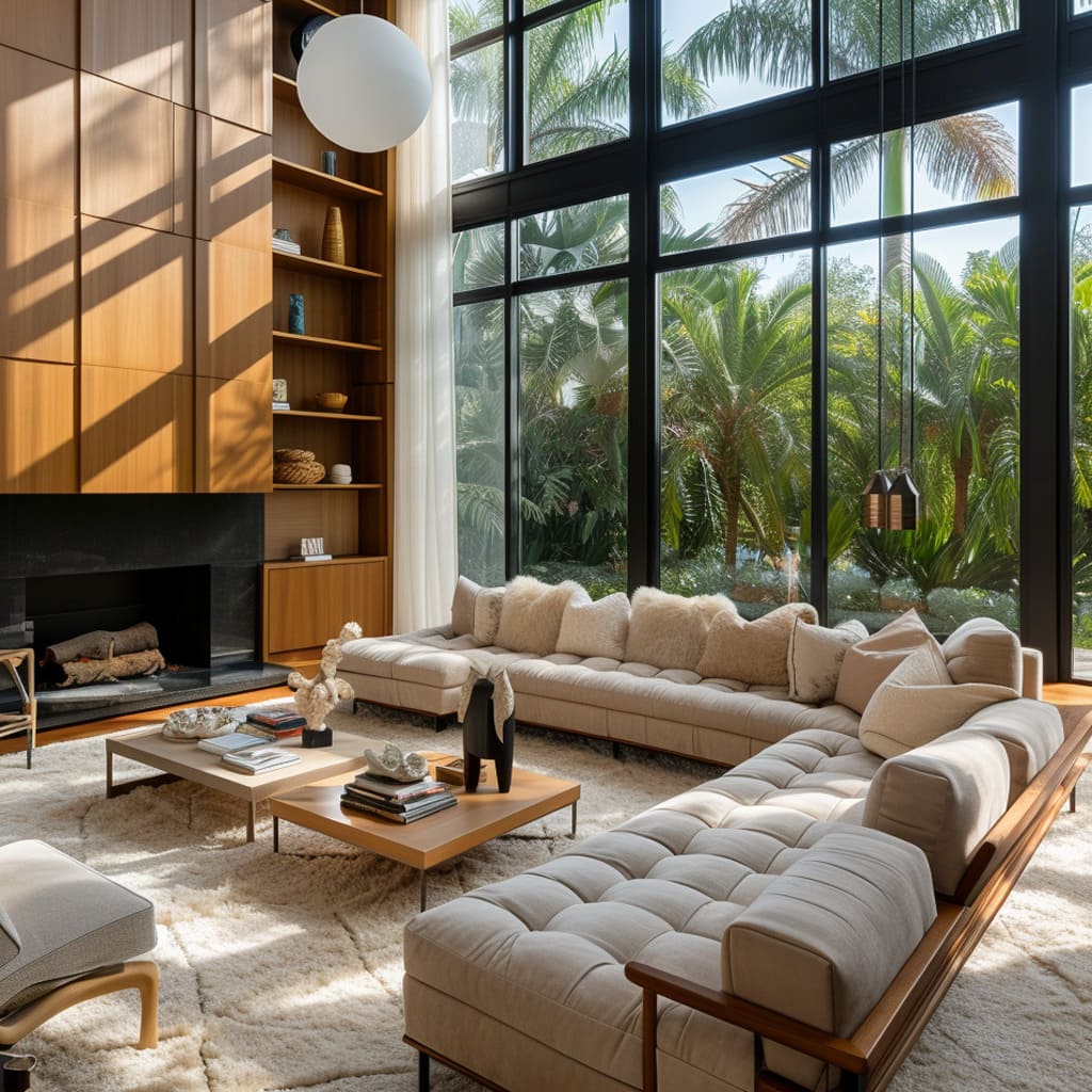 The contemporary family room interior design embodies organic architecture, creating design-conscious and elegant spaces