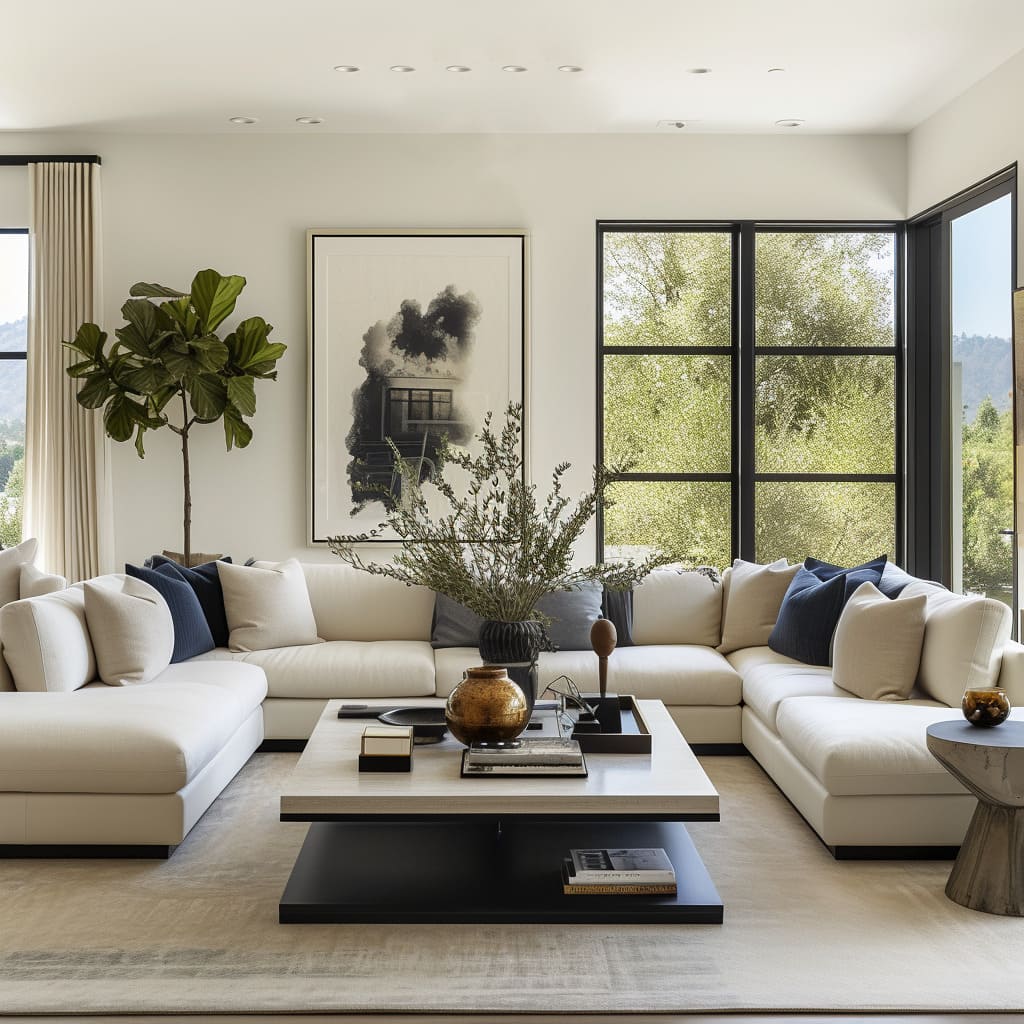 The contemporary living room interior design boasts clean lines and an elegant, modern aesthetic