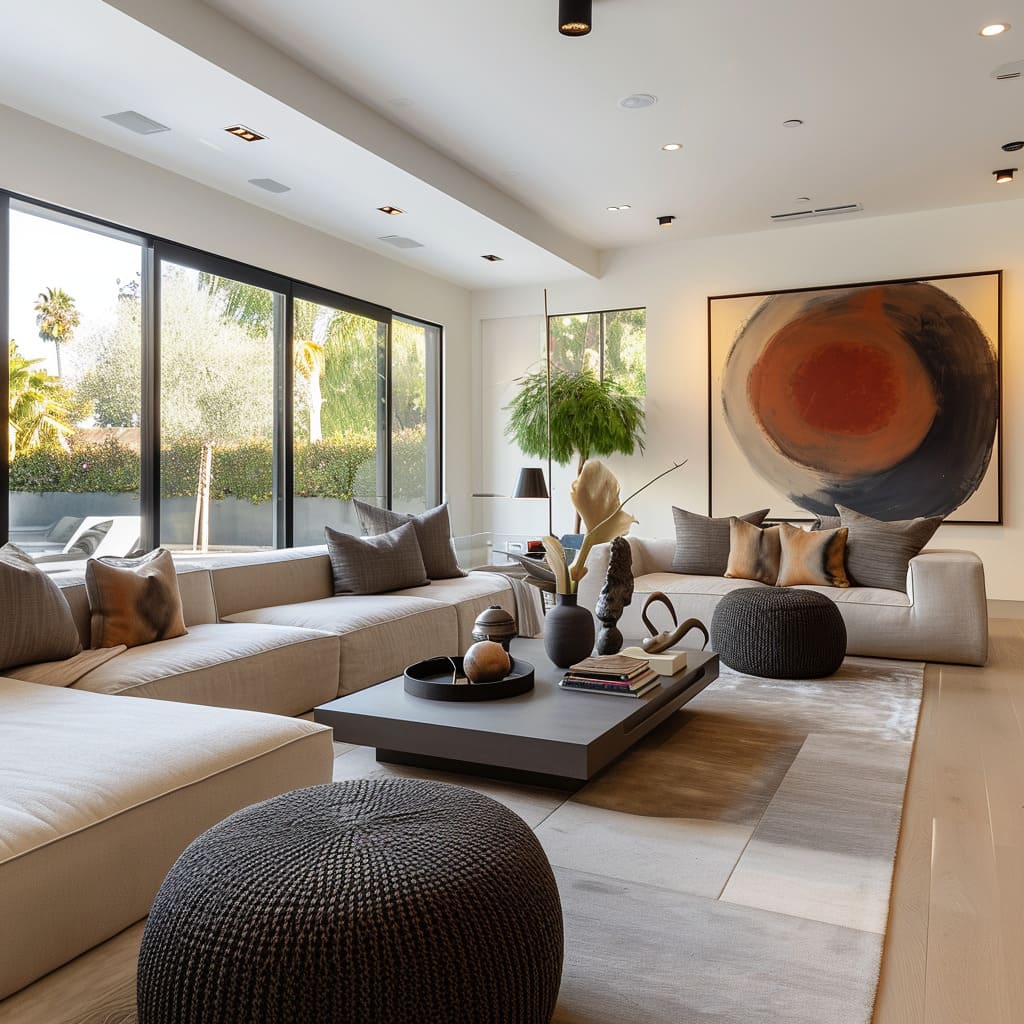 The contemporary living room interior design embraces a minimalist aesthetic with clean lines and a neutral color palette