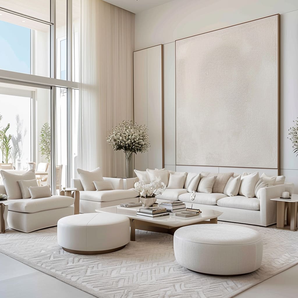 The contemporary living room interior design embraces minimalism with clean lines and a neutral palette