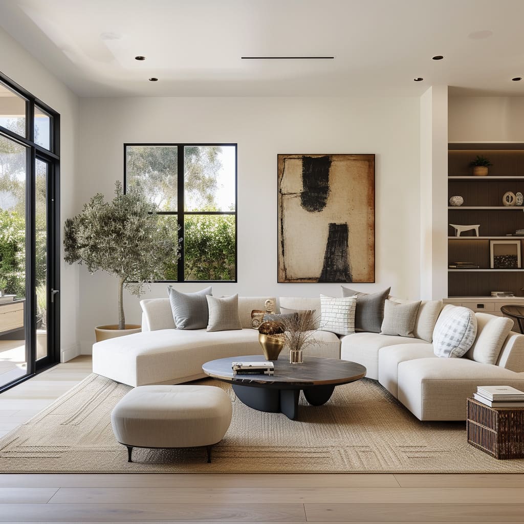 The contemporary living room interior design showcases sleek aesthetics and sophisticated detailing, creating a tranquil environment with visual tranquility