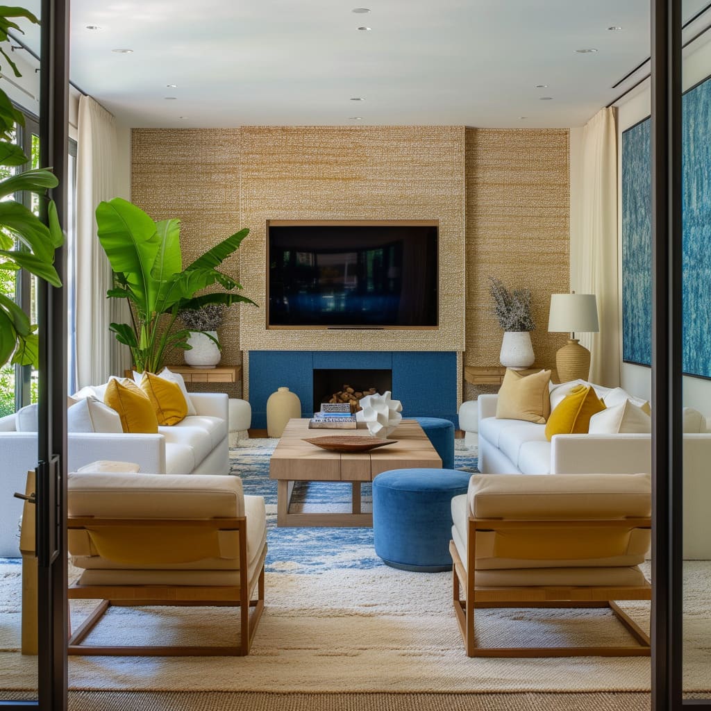 The contemporary style of this living room features bold blues and warm yellows as vibrant color accents
