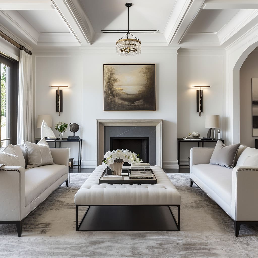 The design aesthetics of this living room embrace a neutral palette and texture play
