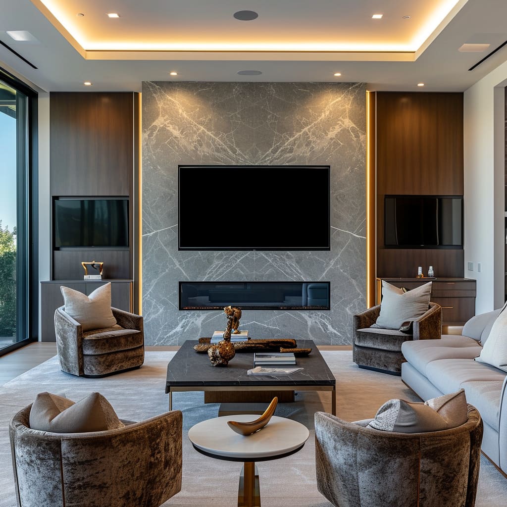 The design ethos of this lounge room, crafted by professional designers, embraces current interior trends for a stylish and inviting space