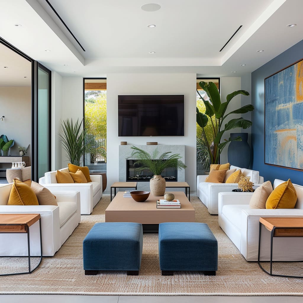 The design mastery of furniture finishes in the living room creates an inviting, cozy atmosphere with a harmonious blend of blue and warm yellow
