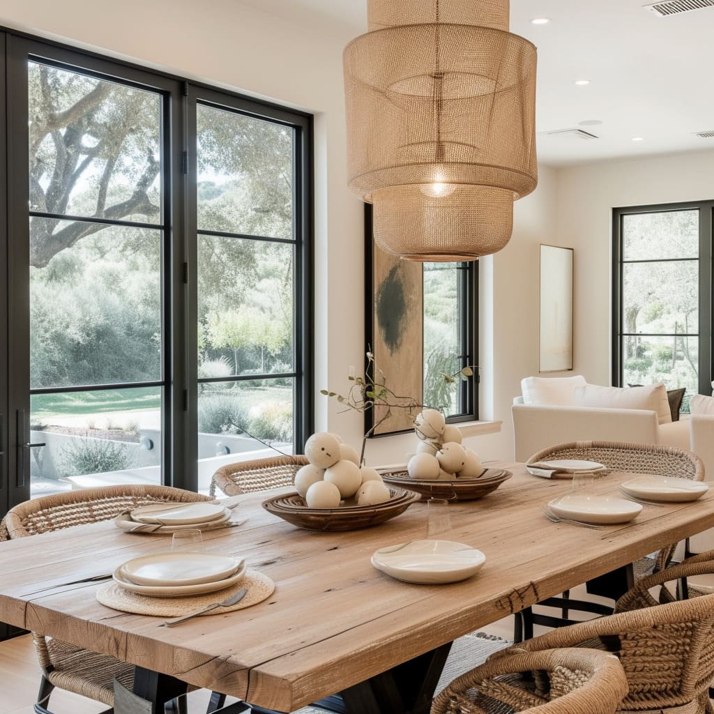 The design narrative of this interior is all about timeless appeal, featuring natural wood dining table lines and plush upholstery