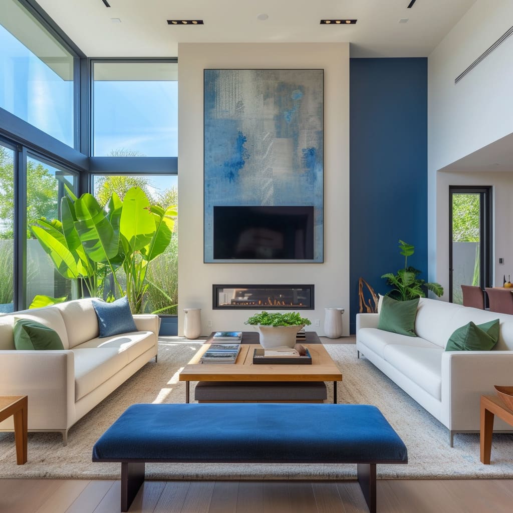 The design philosophy of this living room champions an uncluttered life with color psychology as a guiding principle