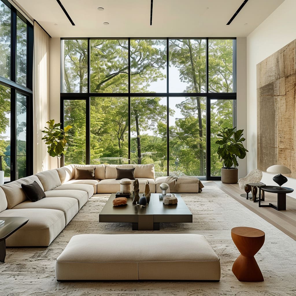 The drawing room seamlessly integrates with the outdoors for a natural ambiance