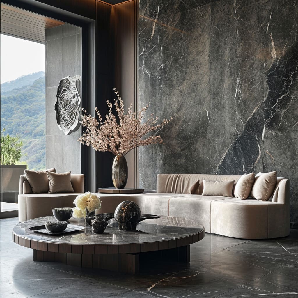 The enduring beauty of marble and slate can transform your living room into a timeless masterpiece
