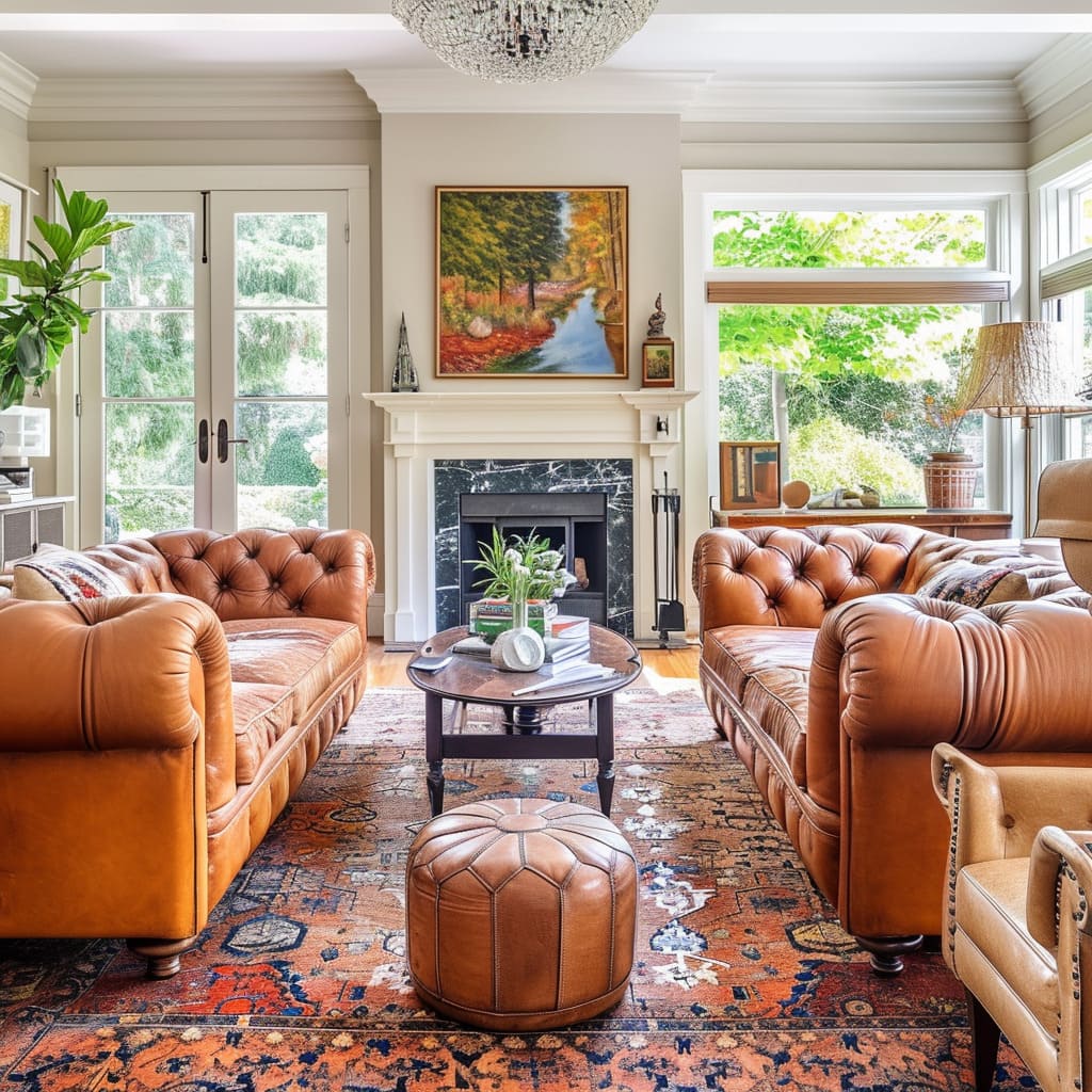 The family room interior design features a Tufted couch, adding timeless elegance to the space
