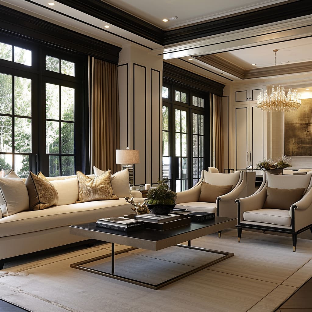 The great room's design synthesis achieves a harmonious and elegant space