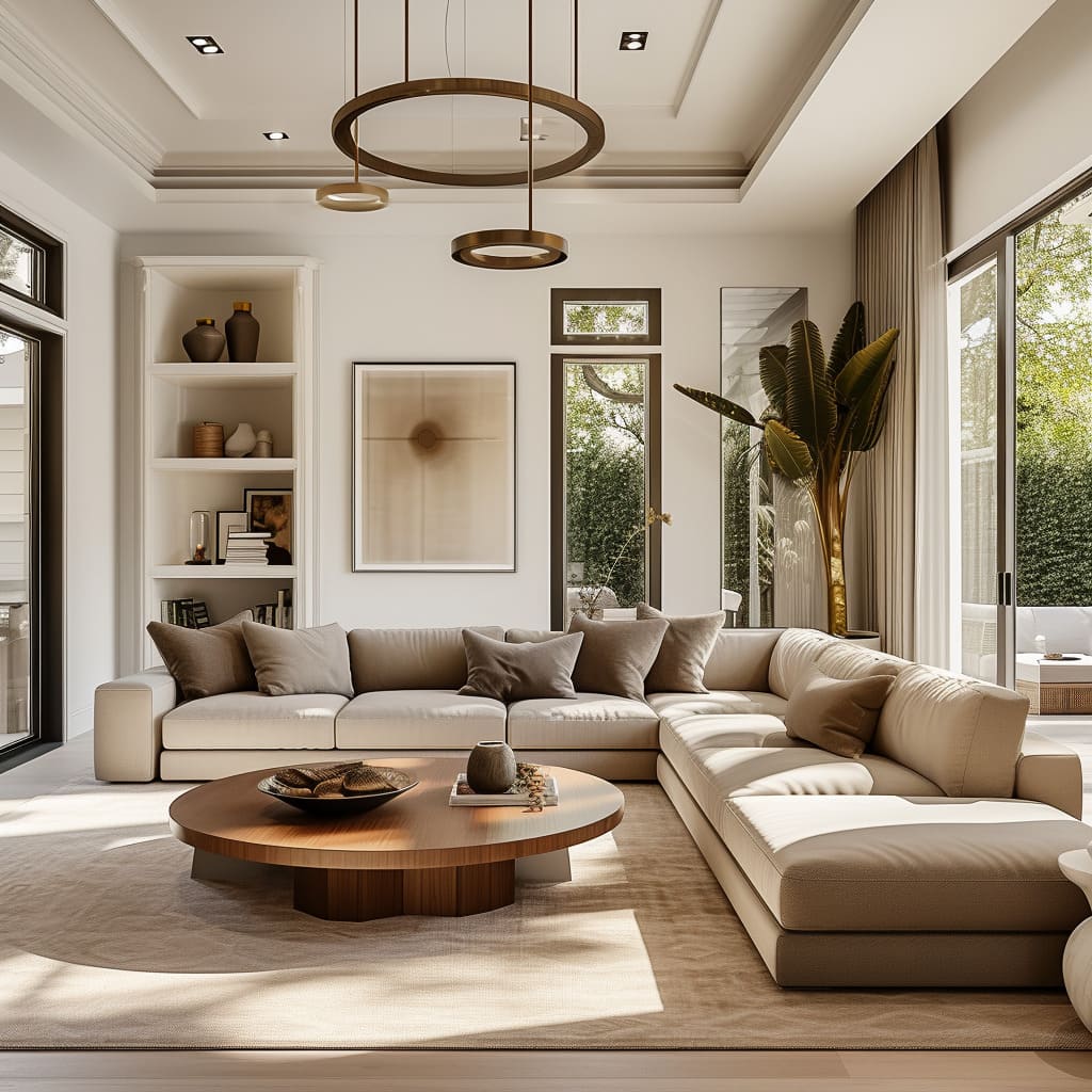 The high-ceiling room's design narrative promotes visual tranquility in a tranquil environment with contemporary charm