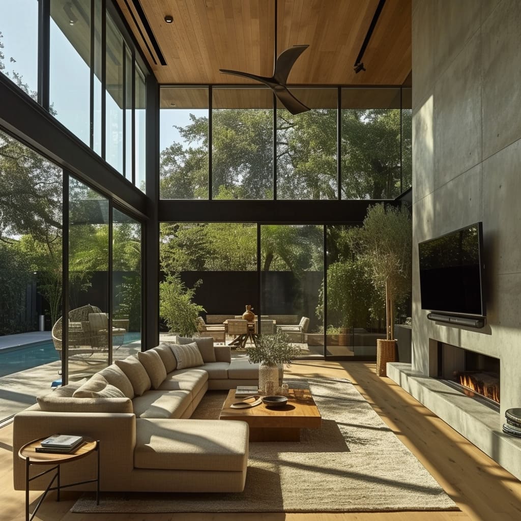 The indoor-outdoor flow creates a connection to nature in this biophilic living room