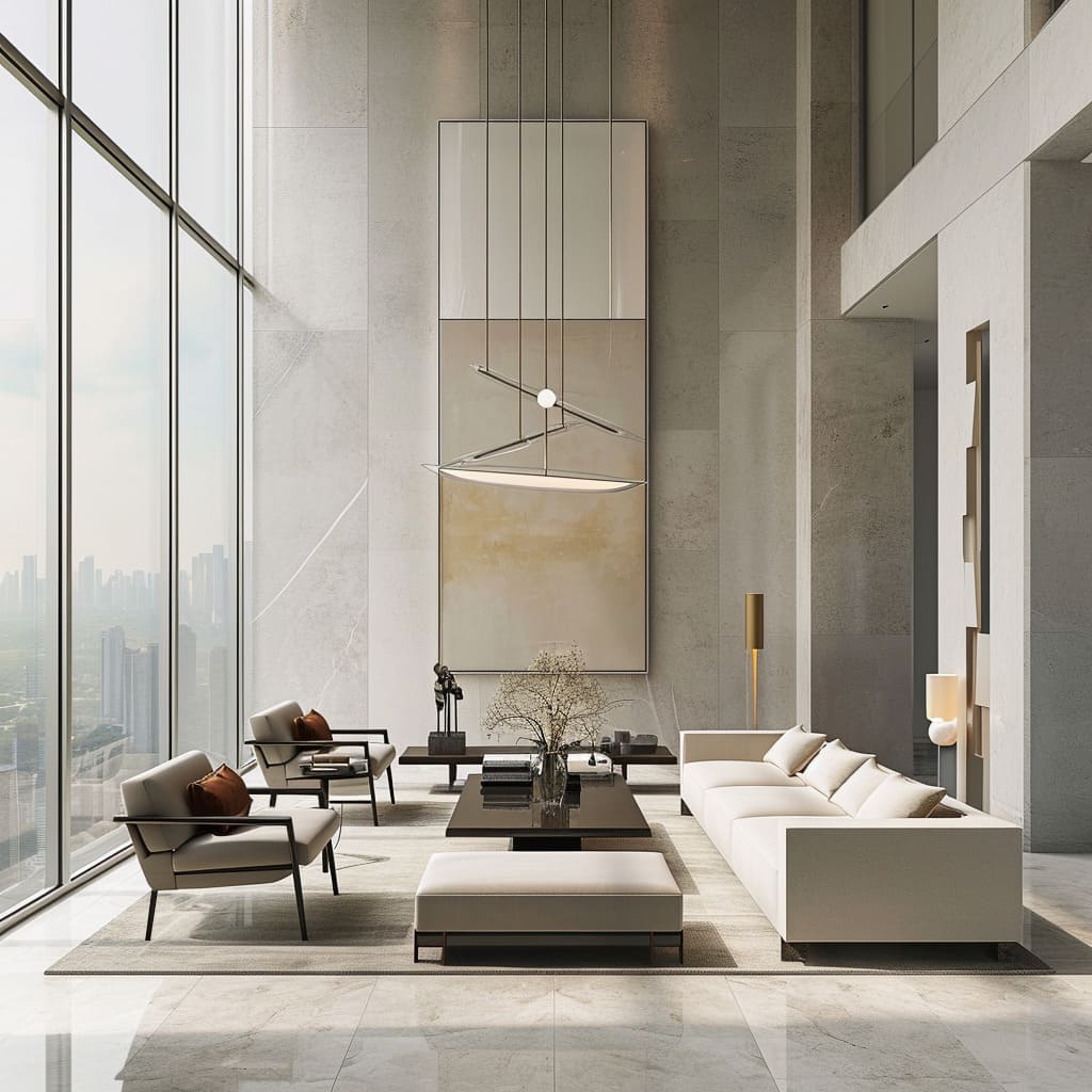 The integration of organic elements and a cityscape view creates sunlit spaces with a harmonious color palette