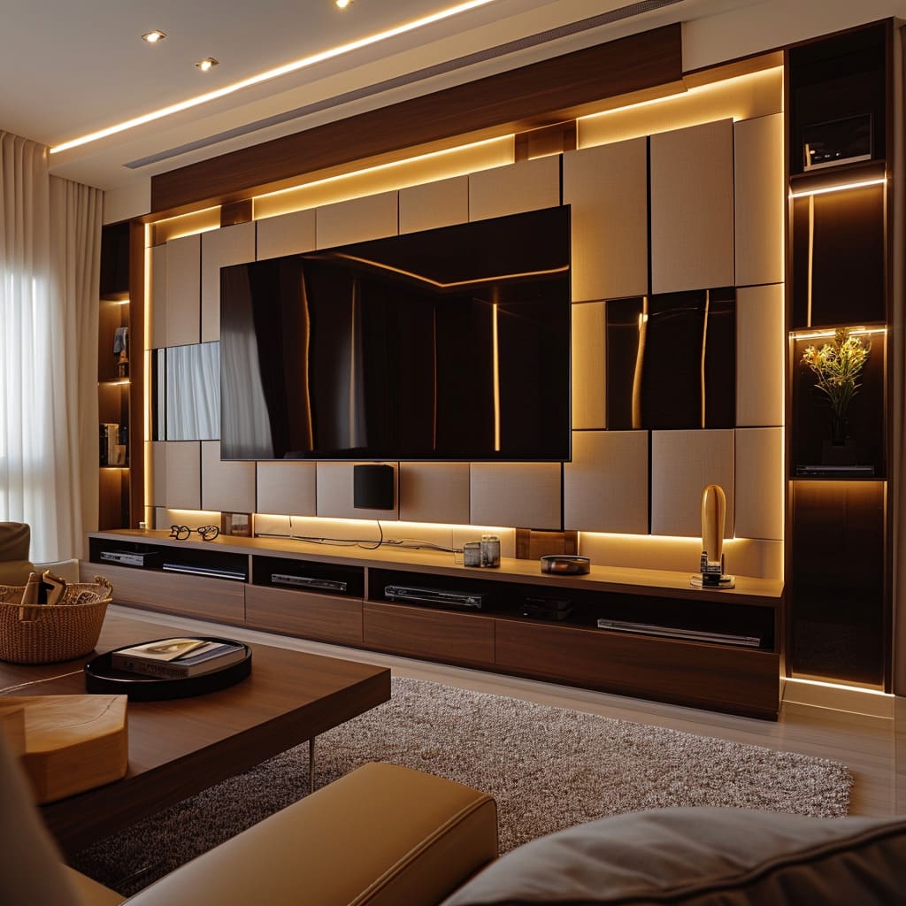 The interior design combines modernity and luxury with TV wall units and LED lighting