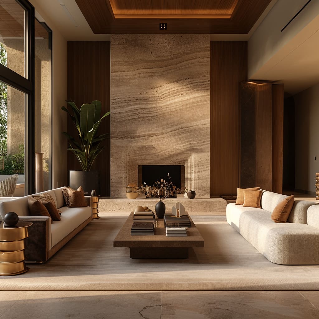 The interior design materials used in this living room reflect a luxurious and inviting atmosphere