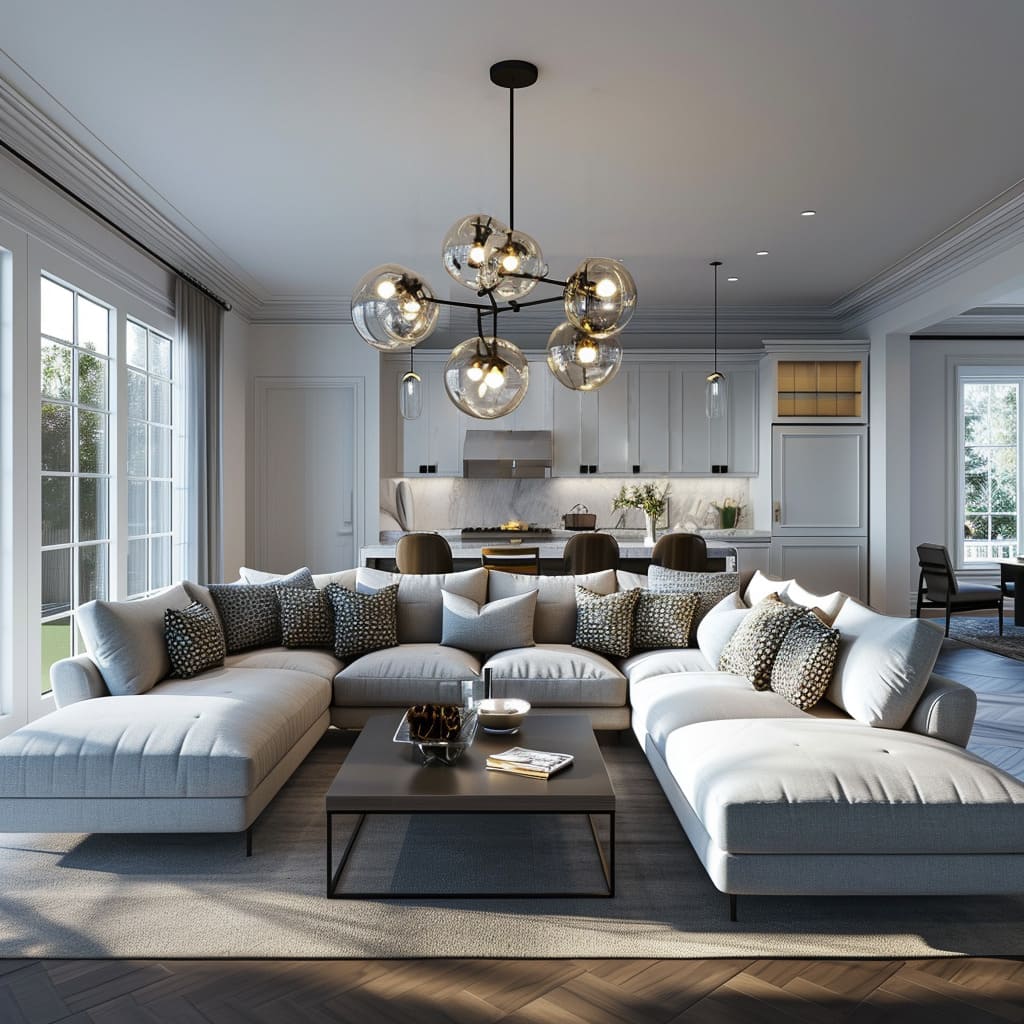 The large sofa serves as the anchor for the living room's design, offering both comfort and style in the spacious interior
